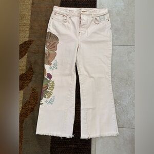 Free People Light Pink Floral Side-Print Flare Jeans